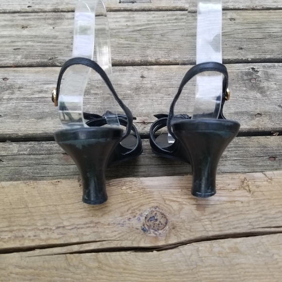 Vintage 90s y2k Black Leather Square toe Bow Front Slingback Wedge Sandals 8 - Picture 4 of 9